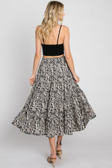 Black Leaf Print Tiered Midi Skirt