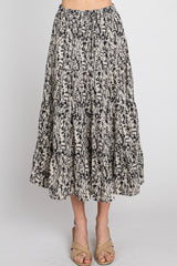 Black Leaf Print Tiered Midi Skirt