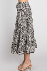 Black Leaf Print Tiered Midi Skirt