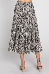 Black Leaf Print Tiered Midi Skirt