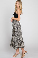 Black Leaf Print Tiered Midi Skirt