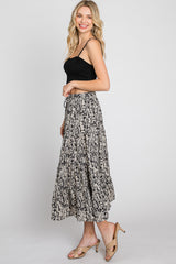 Black Leaf Print Tiered Midi Skirt