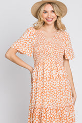 Peach Floral Tiered Midi Dress