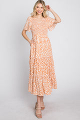 Peach Floral Tiered Midi Dress