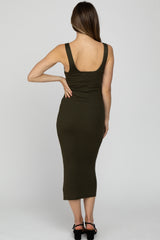 Olive Ribbed Sleeveless Knit Maternity Midi Dress