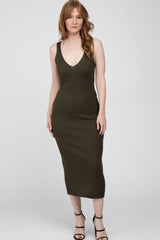 Olive Ribbed Sleeveless Knit Maternity Midi Dress