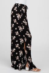 Black Floral Split Hem Pants