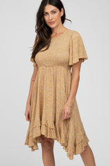 Camel Floral Smocked Ruffle Maternity Dress