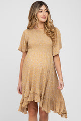 Camel Floral Smocked Ruffle Maternity Dress