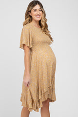 Camel Floral Smocked Ruffle Maternity Dress