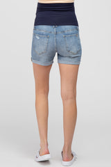 Blue Distressed Cuff Maternity Jean Shorts