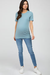 Blue Crew Neck Short Sleeve Maternity Top