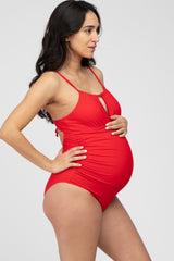 Red Back Tie Cutout One Piece Ruched Maternity Swimsuit