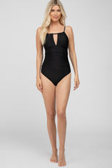 Black Back Tie Cutout One Piece Ruched Swimsuit