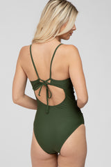 Olive Back Tie Cutout One Piece Ruched Swimsuit