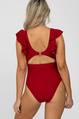 Burgundy Flutter Sleeve Back Cutout Maternity One Piece Swimsuit