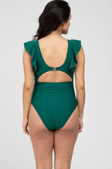 Forest Green Flutter Sleeve Back Cutout Maternity One Piece Swimsuit