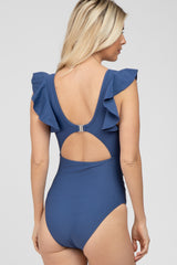 Blue Flutter Sleeve Back Cutout One Piece Swimsuit