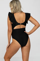 Black Flutter Sleeve Back Cutout Maternity One Piece Swimsuit