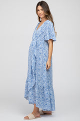 Light Blue Floral Wrap Maternity Midi Dress