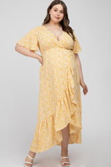 Yellow Floral Wrap Maternity Plus Midi Dress