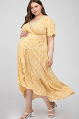 Yellow Floral Wrap Maternity Plus Midi Dress