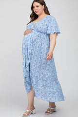 Light Blue Floral Wrap Maternity Plus Midi Dress