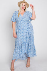 Light Blue Floral Wrap Maternity Plus Midi Dress