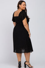 Black Embroidered Dot Smocked Square Neck Plus Midi Dress