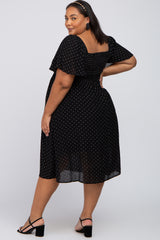 Black Embroidered Dot Smocked Square Neck Maternity Plus Midi Dress