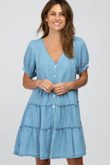 Blue Chambray Button Front Tiered Maternity Dress