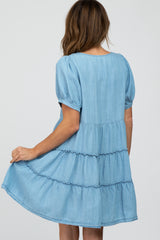 Blue Chambray Button Front Tiered Dress