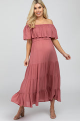 Mauve Off Shoulder Tiered Maternity Maxi Dress