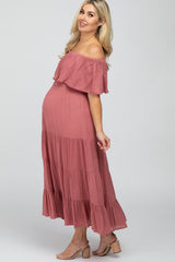 Mauve Off Shoulder Tiered Maternity Maxi Dress