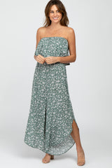 Light Olive Floral Strapless Asymmetrical Hem Maternity Jumpsuit