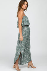 Light Olive Floral Strapless Asymmetrical Hem Jumpsuit