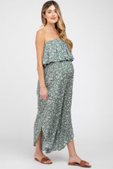 Light Olive Floral Strapless Asymmetrical Hem Maternity Jumpsuit