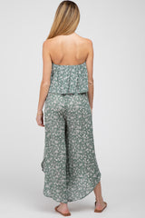 Light Olive Floral Strapless Asymmetrical Hem Maternity Jumpsuit