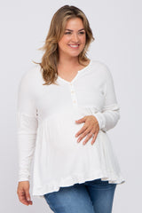 Ivory Button Accent Long Sleeve Maternity Plus Top