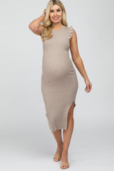 Taupe Ribbed Flutter Accent Maternity Midi Dress