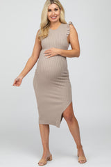 Taupe Ribbed Flutter Accent Maternity Midi Dress