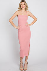 Pink Ribbed Square Neck Side Slit Midi Dress