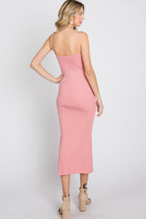 Pink Ribbed Square Neck Side Slit Midi Dress