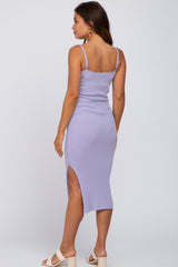 Lavender Ribbed Square Neck Side Slit Maternity Midi Dress