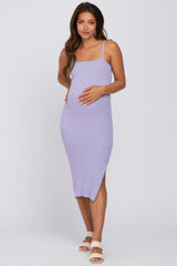 Lavender Ribbed Square Neck Side Slit Maternity Midi Dress