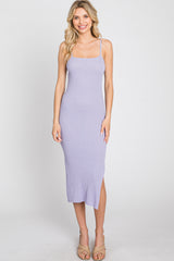 Lavender Ribbed Square Neck Side Slit Maternity Midi Dress