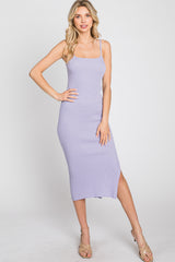 Lavender Ribbed Square Neck Side Slit Midi Dress