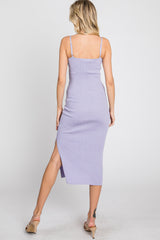 Lavender Ribbed Square Neck Side Slit Midi Dress