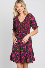 Black Floral Smocked Ruffle Hem Dress