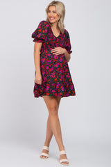 Black Floral Smocked Ruffle Hem Maternity Dress